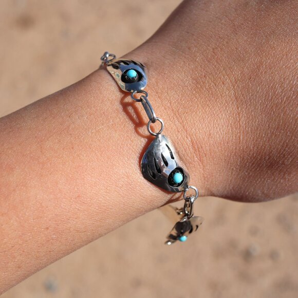 Navajo Sterling Silver Link Bracelet Shadow Box Turquoise Jewelry Sz 8.75in. ** - Picture 9 of 12